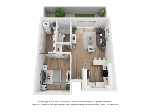 Floor plan for 1 bed, 1 bath, 676 sqft